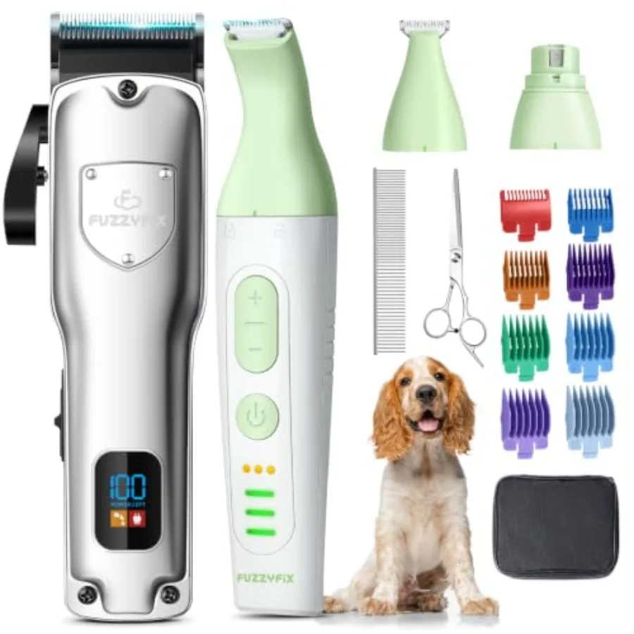 Dog grooming kit for thick curly coats: stainless steel, black, low-noise rechargeable clippers with quiet nail grinder