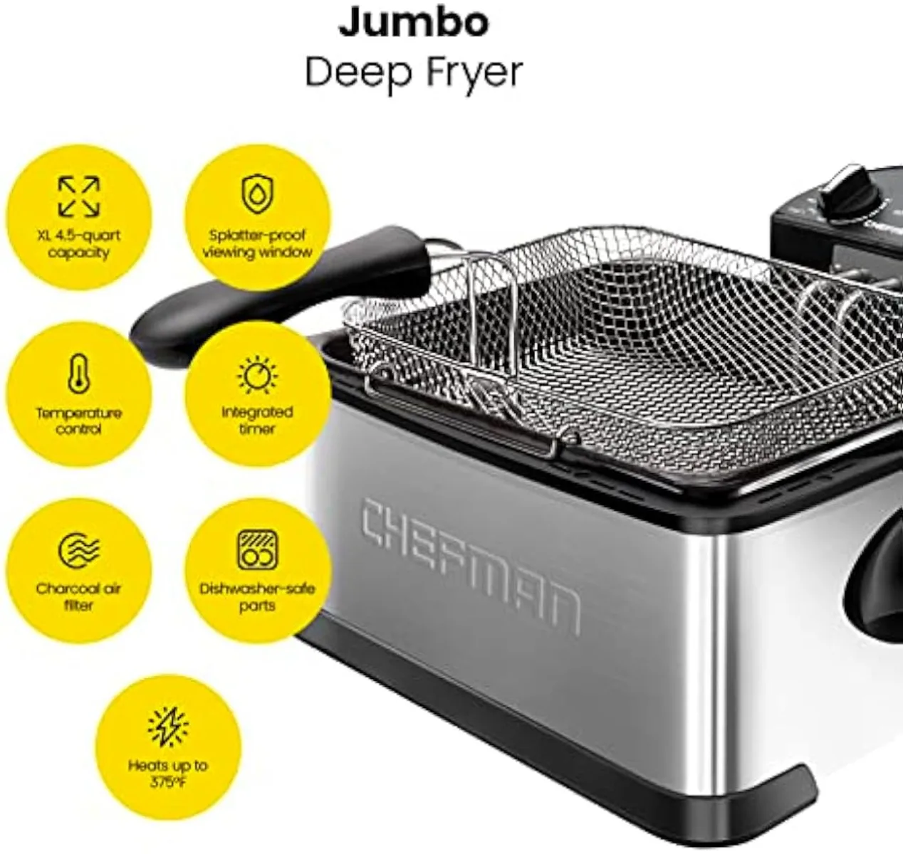 4.5 Liter Deep Fryer w/Basket Strainer, XL Jumbo Size, Adjustable Temperature & Timer | USA | NEW