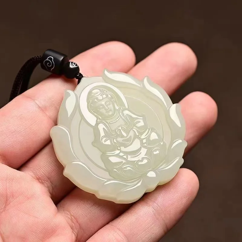 Green Guanyin Lotus Pendant Necklace Chinese Style Buddhist Ornament Maitreya Buddha Amulet Hinduism