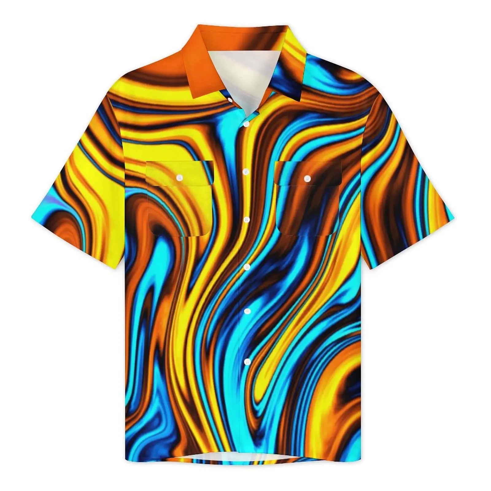 Golden Retro 60s Beach Shirt Mens Lava Flow Print Vintage Casual Shirts Hawaiian Short-Sleeve Street Plus Size Blouses Gift