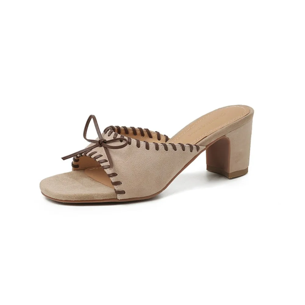Comfy Stitched Edge Bow Detail Block Heel Mules Women Sandals Soft Suede Casual Daily Vacation Summer Ladies Mid Heel Slippers