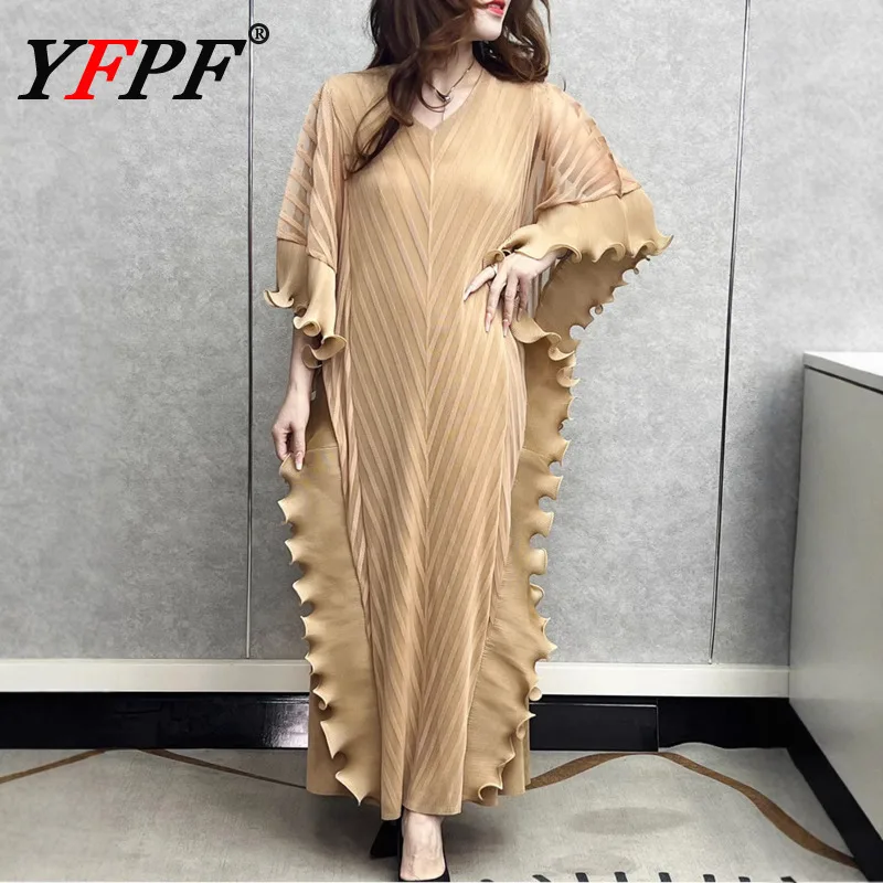 

YFPF Elegant Mesh Patchwork Pleated Dress Women Fashion V Neck Batwing Sleeve Lace-up Gathered Waist Dresses 2025 New Clothing