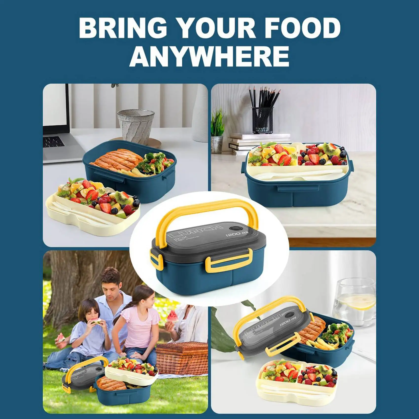 A01F-5X Bento Box Adult Lunch Box, 1200ML Double Layer Lunch Box With Spoon & Fork High Capacity Food Containers, Leakproof