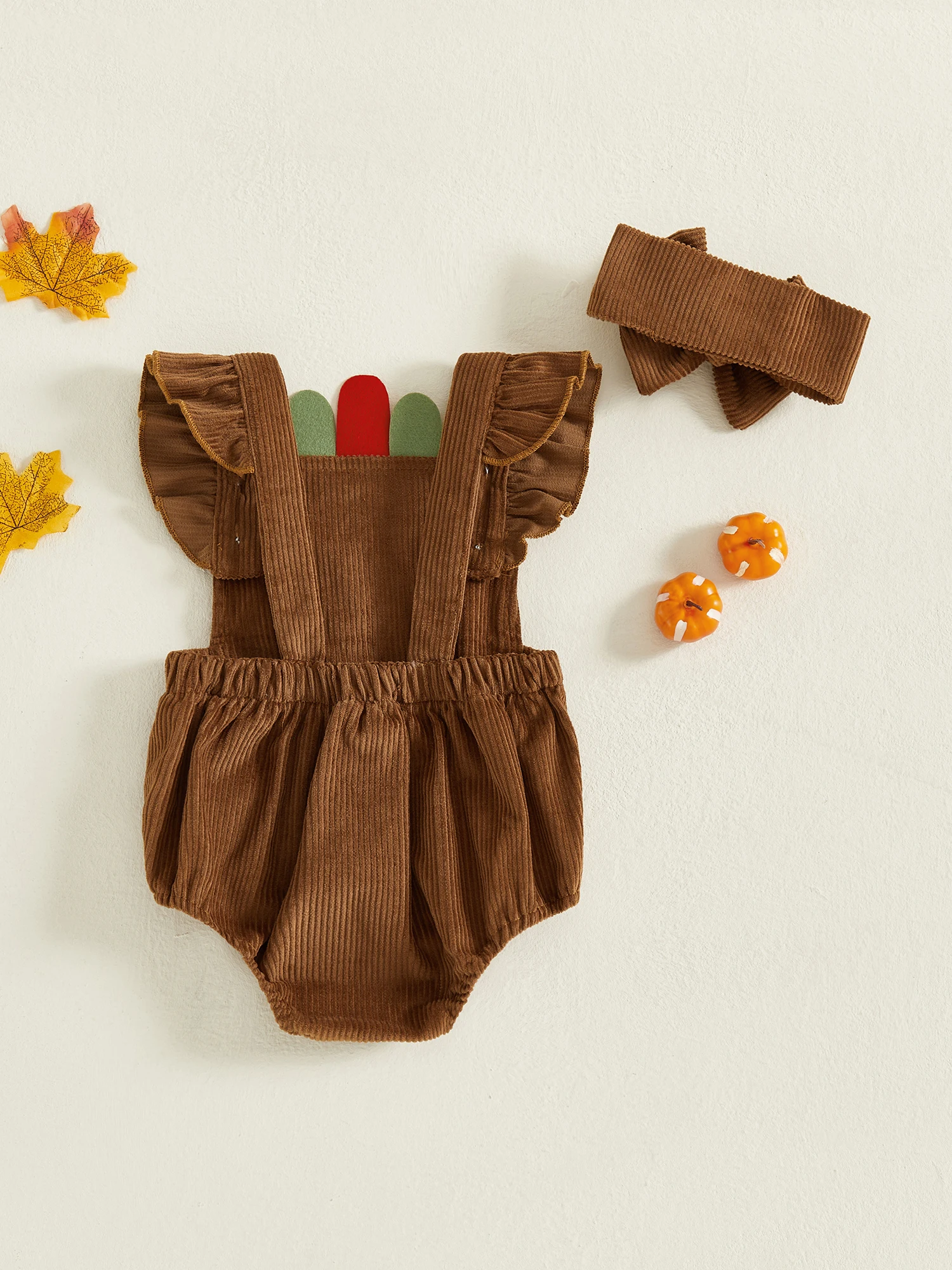 

Thanksgiving Baby Girl Romper with Flutter Sleeves Square Neckline Embroidered Letters and Matching Headband - Adorable