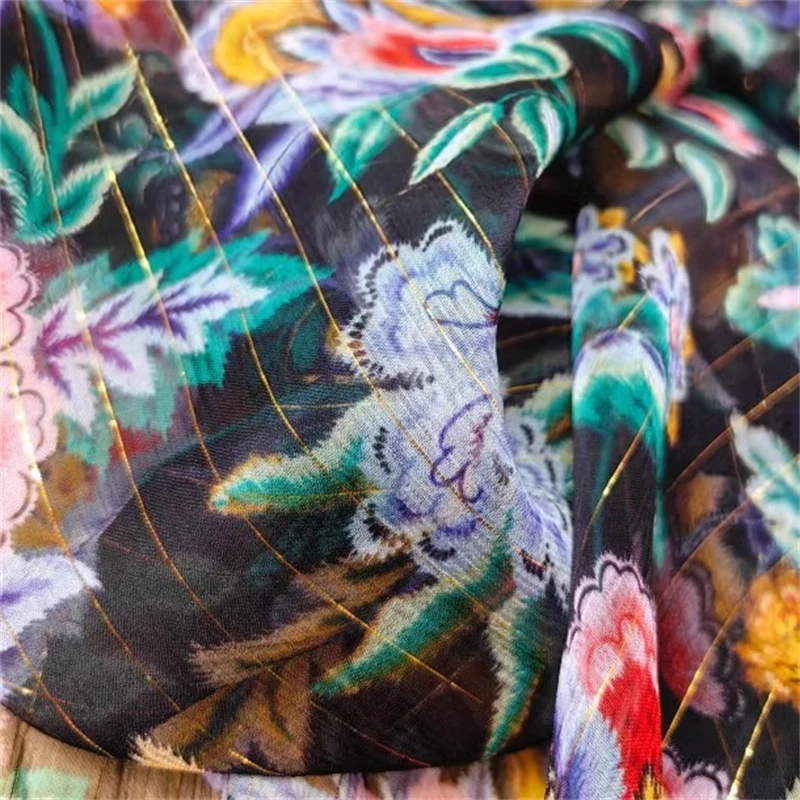 Black Bottom Tail Oriole Flower Silk Weaving Gold Thin Through Georgette 7momme100 Silk 138 Width Pure Silk Chiffon Fabric Tulle