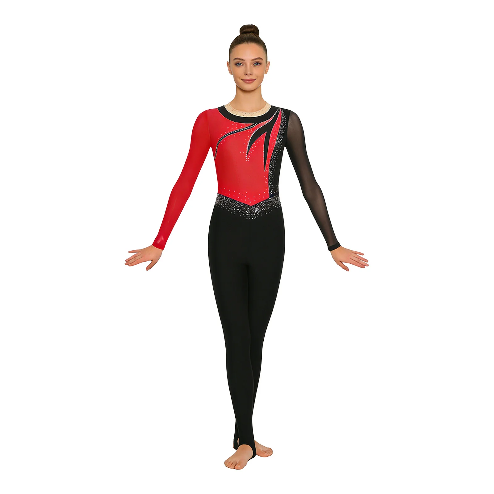 여성 리듬체조 피겨스케이팅 댄스 아크로바틱 의상 점프수트 라인스톤 메쉬 긴팔 스타럽 레깅스 롬퍼