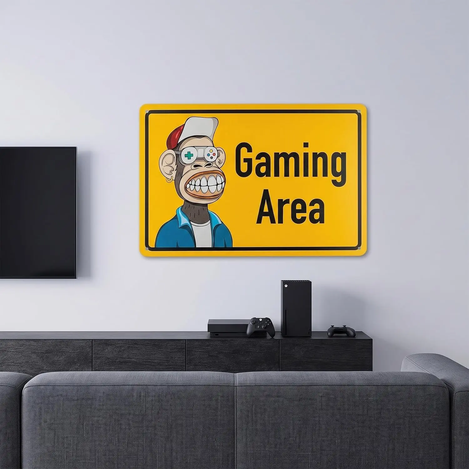 Gaming Area Vintage Metal Sign - Retro Gamers Room Decor Tin Plate Wall Art Decor Funny Monkey Gamer Cave Signs for Teens Boys M