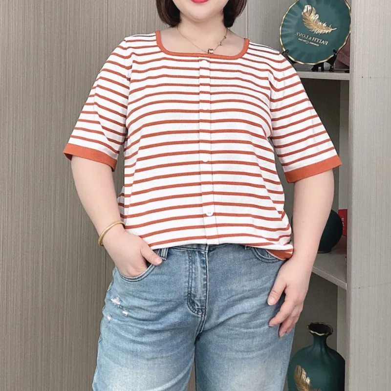 Striped Ice Silk Knit Tees Women 2024 Summer New Plus Size Thin Square Collar Style Pullover Short Sleeve T-Shirt