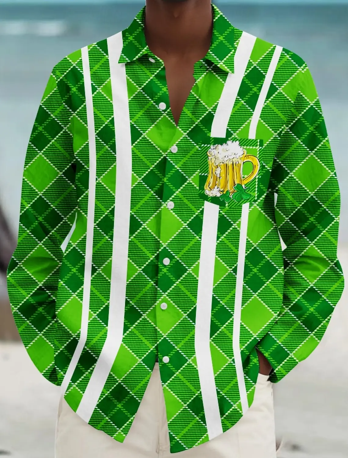 2025 St. Patrick Men\'s Shirts Shamrock Tuxedo Long Sleeve Shirt 3D Print Casual Shirt Green Summer Spring Clothing Apparel