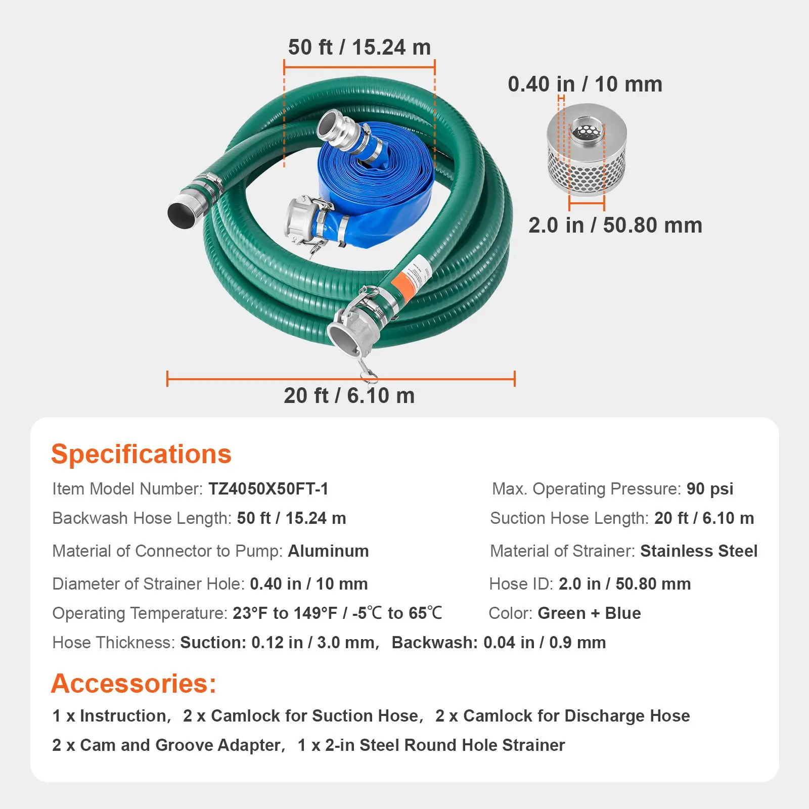 Suction Hose Kit for Water Pump, with 2 in x 50 ft Blue Backwash Hose, 20 ft Green Suction Hose, and Steel Round Hole Strainer, Camlocks, Clamps, Cam & Groove Adapter, for Multiple Purposes
