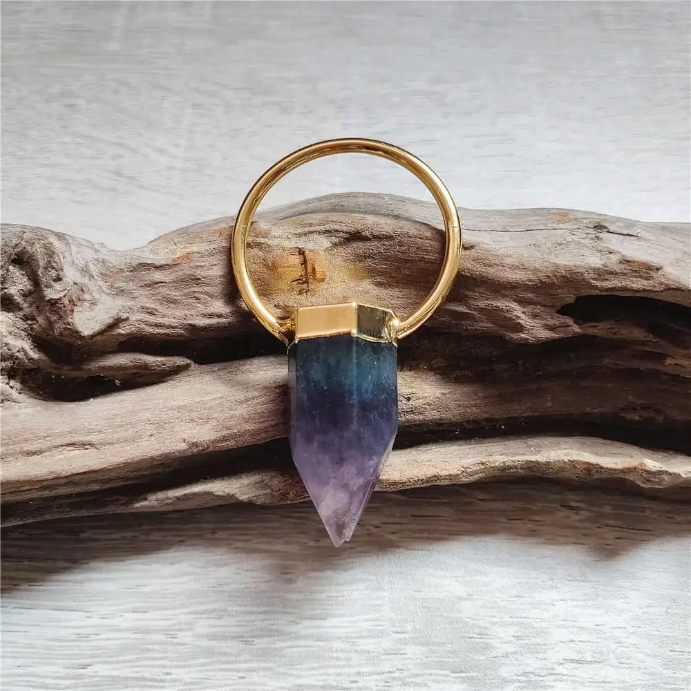 FUWO Natural Amethysts/Fluorite/Pink/Crystal Quartz Point Pendant,Golden Plated Srone Accessories For Necklace Making PD417