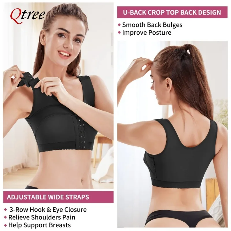 Qtree Women Front Breast Support Push Up Bra Compression Body Shaper Adjustable Band Hooks Breast Control Corset Shaperwear