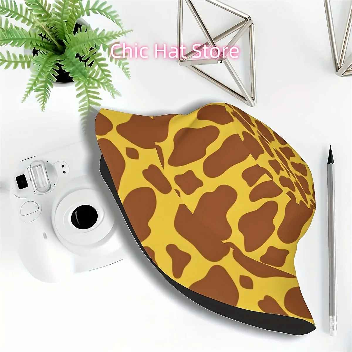 1pc Giraffe Print Bucket Hat - Stylish Yellow & Brown Pattern, Polyester Knit, Perfect for Outdoor Activities, Vacations, Golf,