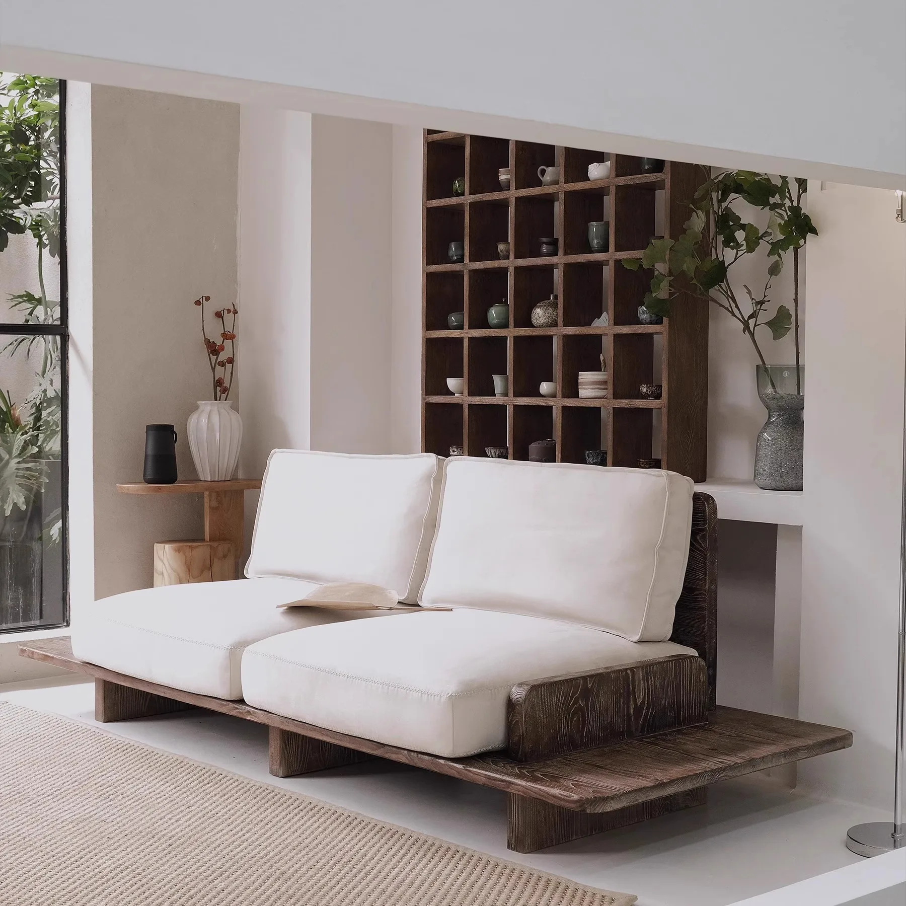 Wabi-sabi wind, solid wood straight row sofa bed, bed and breakfast hotel, backrest double sofa