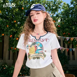 ELFSACK 2024 summer new arrival Contrast color slim fit straight shoulder curved hem short sleeve T-shirt for women