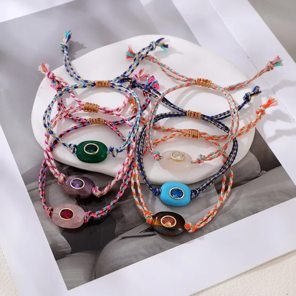 Natural Stone Braided Rope Bracelet Colorful Woven Adjustable Pull Cord Bracelet Inlaid Zircon Boho Stackable Daily Jewelry Gift
