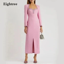 Eightree Pink Long Evening Party Dresses Long Sleeves Beading Shiny Neck Formal Prom Dress Speical Occasion Gowns Front Split