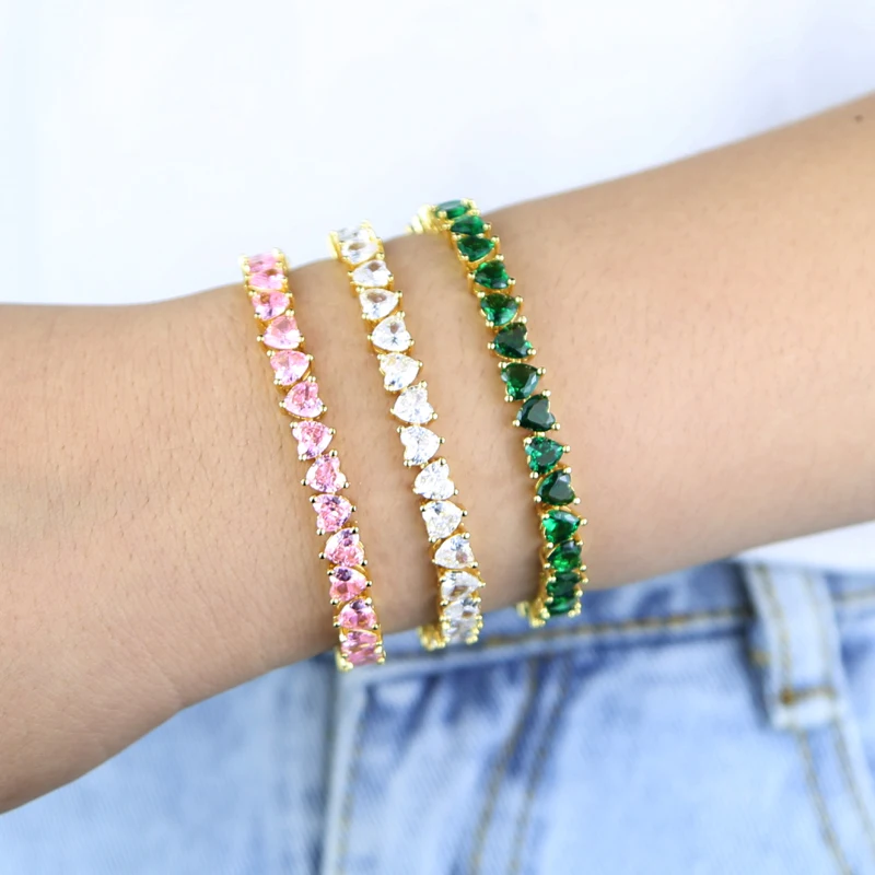 2025 High Quality Fashion Rainbow Women Jewelry Colorful Green Pink White Heart Shaped Cubic Zirconia CZ Tennis Chain Bracelets