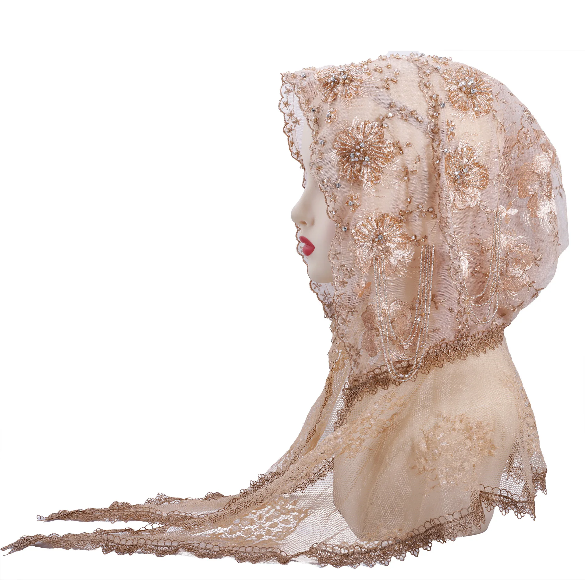 タッセルビーズ付きプレタイドターバンハット エレガントな女性用ムスリムヒジャブ レース刺繍ヘッドスカーフ イスラムヘッドラップ ボンネットキャップ ヘッドウェア 女性用