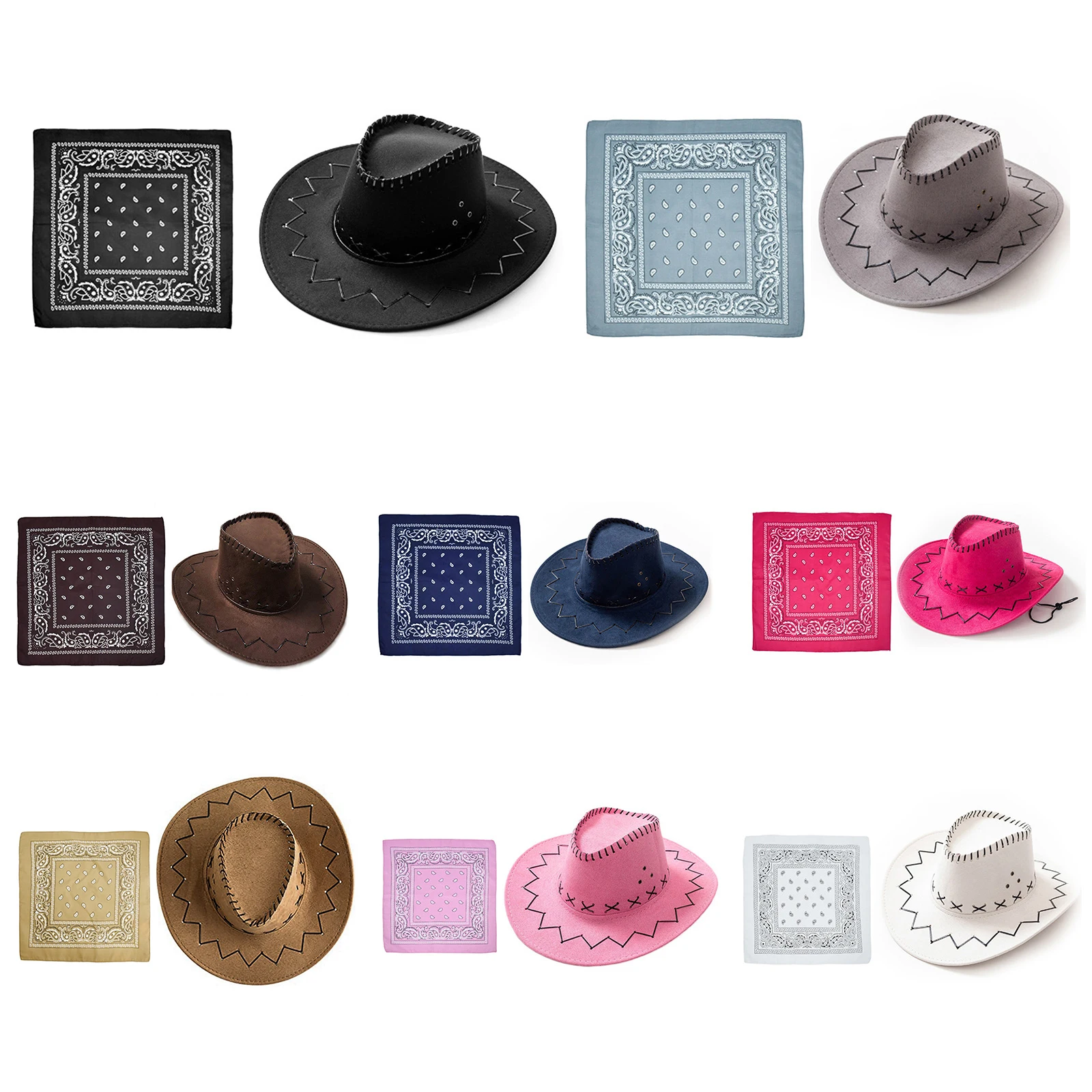 Women Cowboy Hat Western Wide Brim Hat Handkerchief Knight Hat Set Cosplay Party Hat Costume Men Fedora Hat Headdress