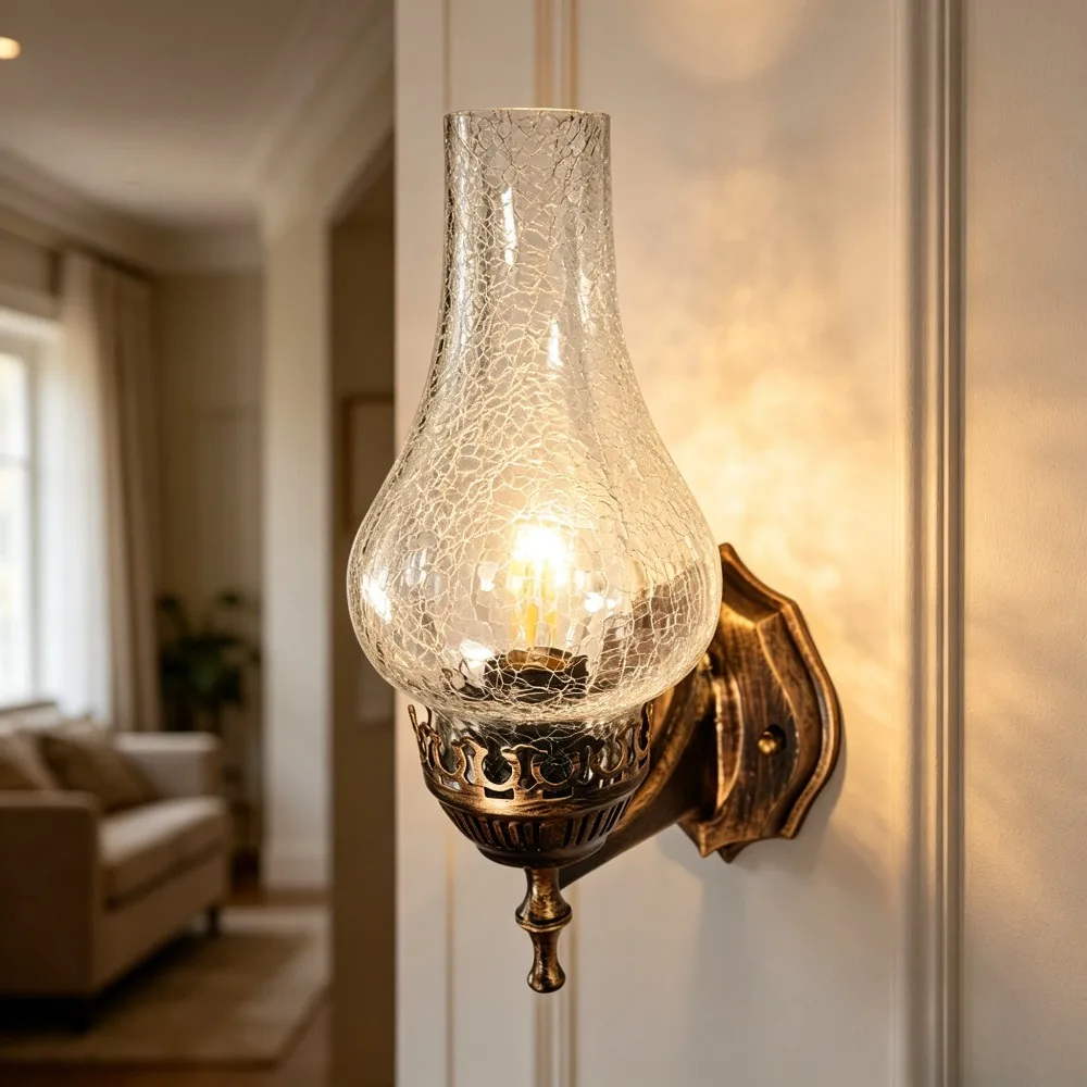 Artpad Vintage Metal Wall Glass Light Chinese Style E27 Oil Lamp with Crack Lampshade Decoration