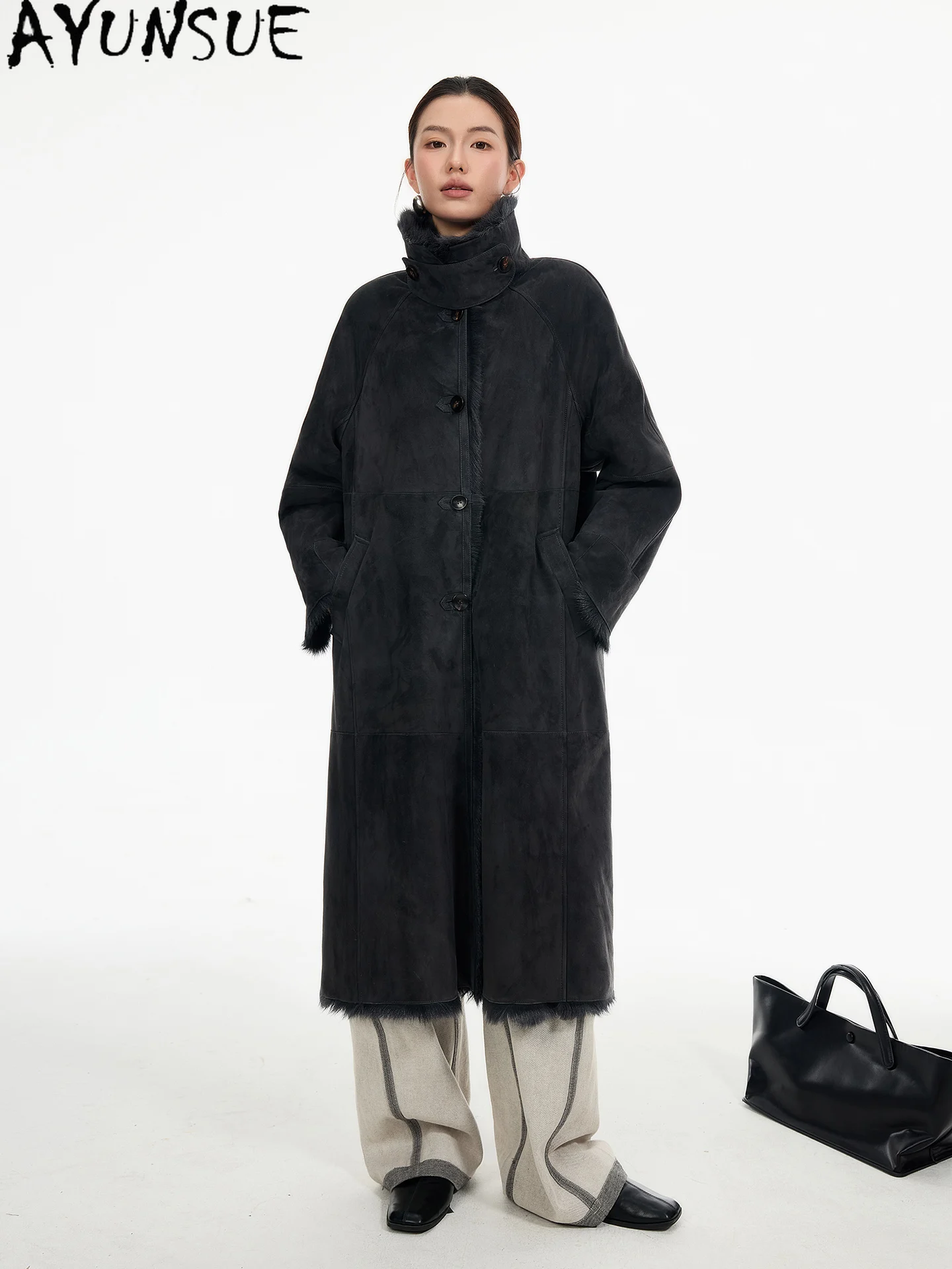 เสื้อแจ็คเก็ตหนังแท้ AYUNSUE สำหรับผู้หญิง ทำจากหนังแกะธรรมชาติ ขนยาว สไตล์เสื้อโค้ทขนสัตว์แท้ อุ่นสบายสำหรับฤดูหนาว เสื้อผ้าผู้หญิง