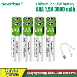 USB AAA Rechargeable Batteries 1.5V 3000 MAh Li-ion Battery for Remote Control MouseElectric Toy Battery + Type-C Cable
