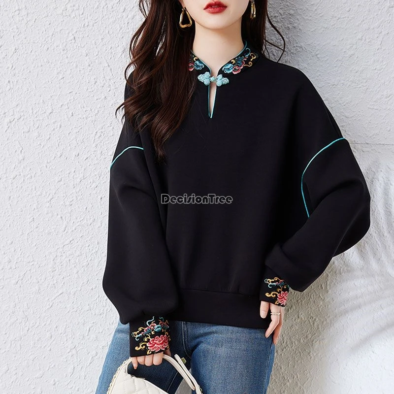 2024 chinese style retro embroidery hoody autumn winter over size loose leisure top ethnic style literature art thicken sweater