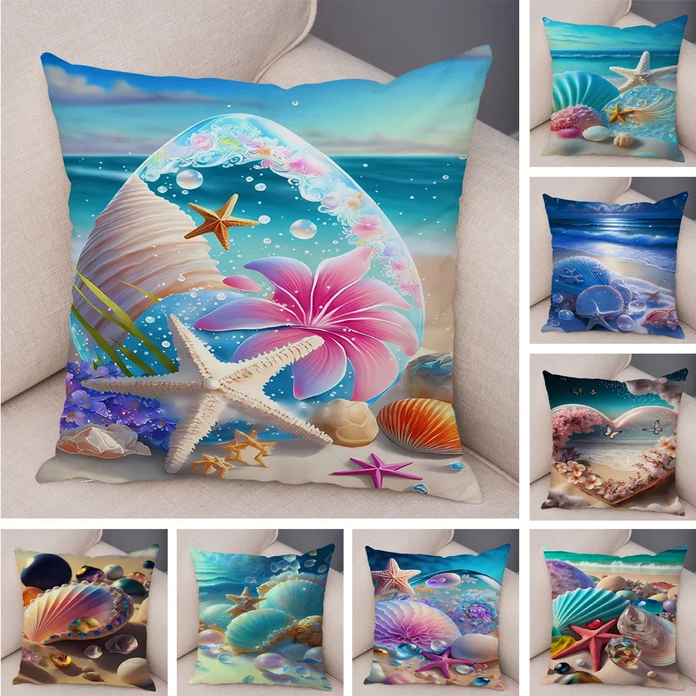 Nordic Style Cushion Cover Decor Fantasy Shell Seasid Scenery Ocean Animal Pillowcase Soft Plush Throw Pillow Case for Sofa Home