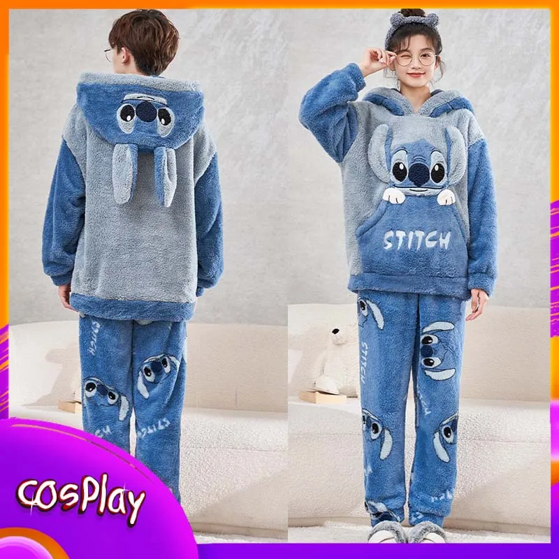 

Stitch Flannel Pajama Set Disney Anime Cartoon Kawaii Cute Nightwear Home Suit Set Autumn Winter Warm Home Clothing Adult Gift