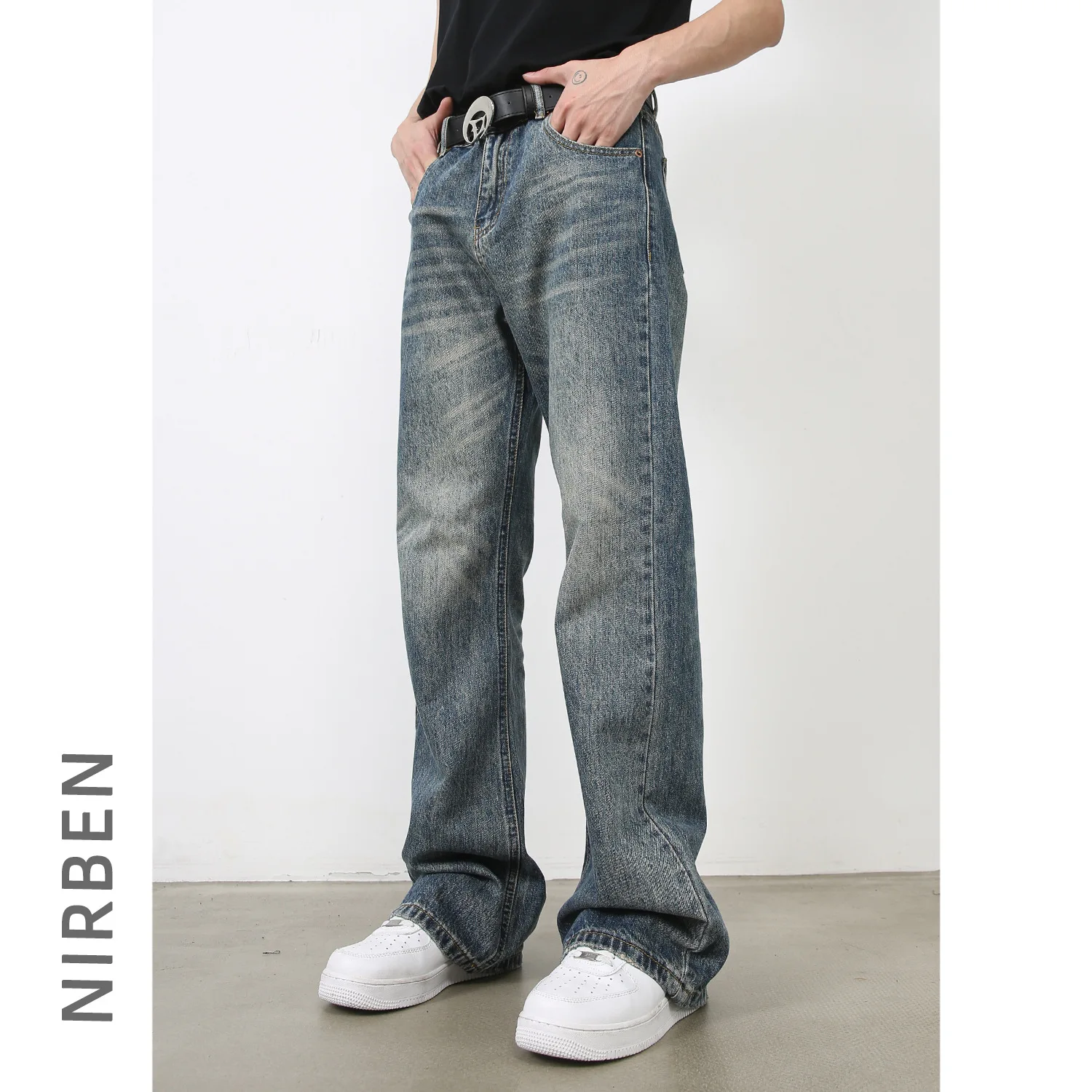 American Retro Micro Flared Jeans, Men's Four Seasons Loose Straight Wide-leg Pants, Casual Water Washing Floor-length Jeans