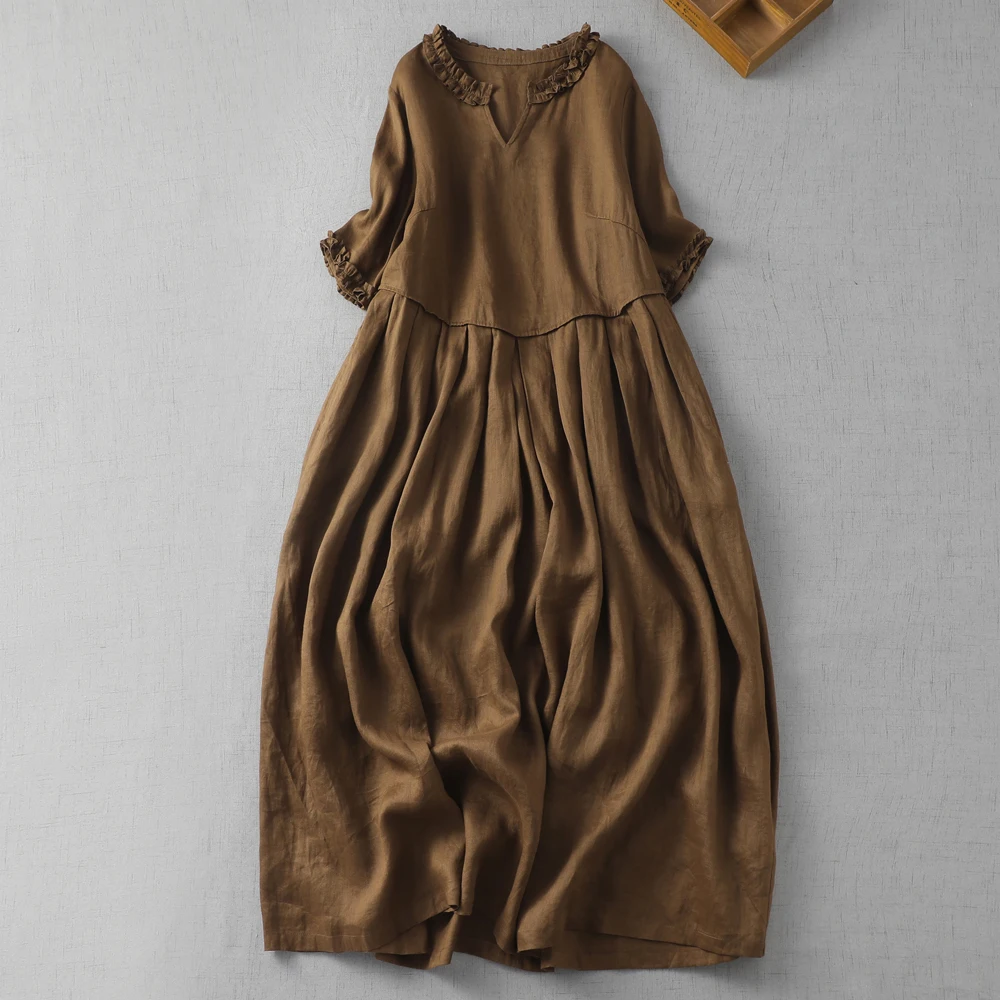 

Японское хлопково-льняное платье для женщин, летнее винтажное длинное льняное платье с v-образным вырезом и рюшами, корейское длинное платье для поездок на работу...