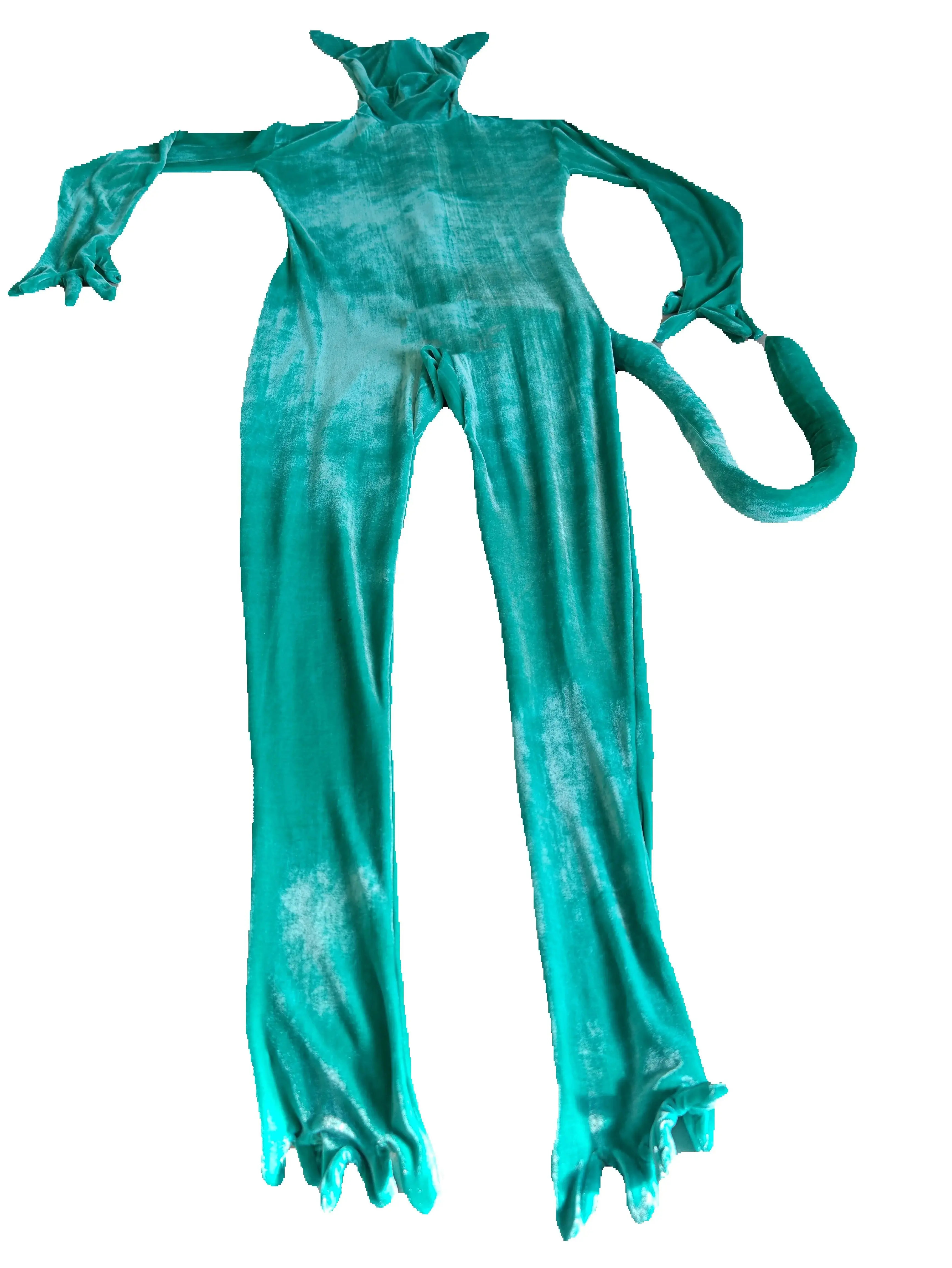 Costume cosplay anime di Halloween Tuta di velluto verde con orecchie e coda Tuta intera Zentai Abiti in maschera