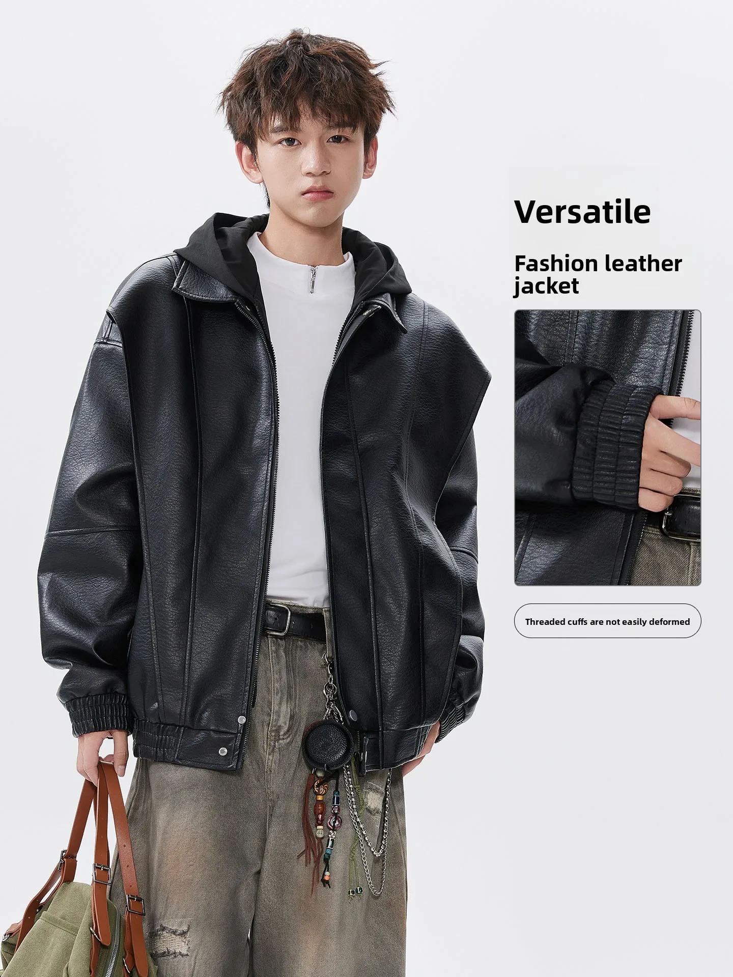 

Кожаный дэт с капюшоном, мужская верхняя одежда, тонкая осенне-зимняя модная свободная куртка в американском стиле ретро, повседневная одежда из полиэфирного волокна