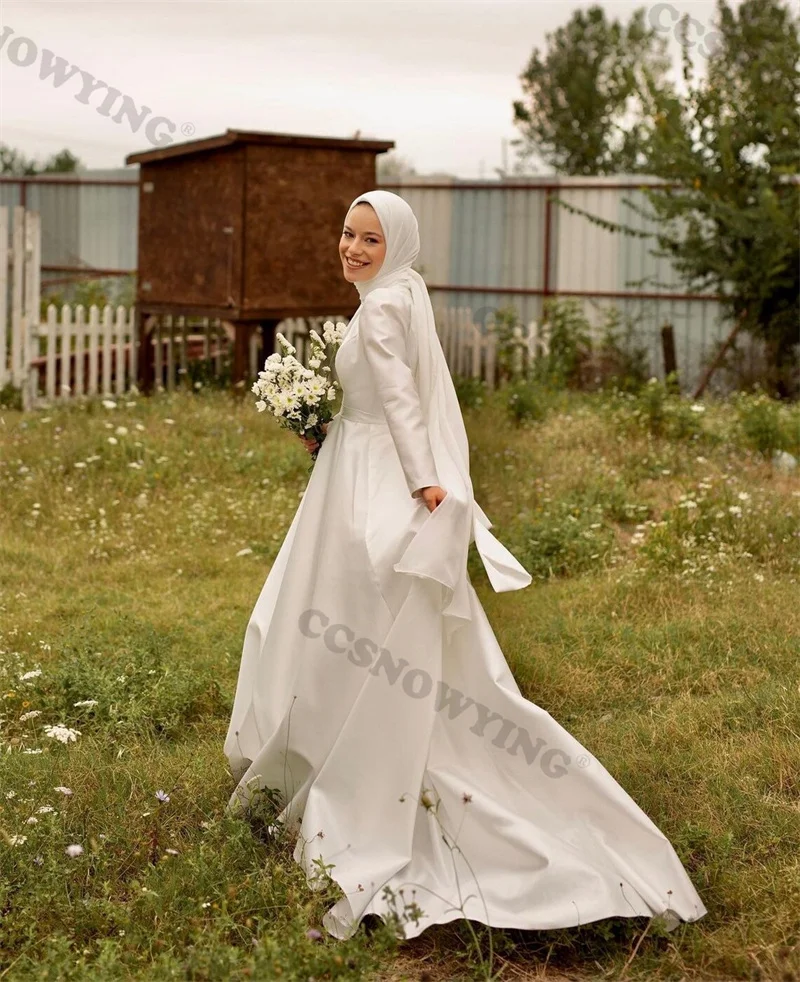 فساتين سهرة من الساتان أحادي اللون للنساء ، فساتين حفلات رسمية إسلامية ، أكمام طويلة ، رقبة عالية ، عربية وبسيطة