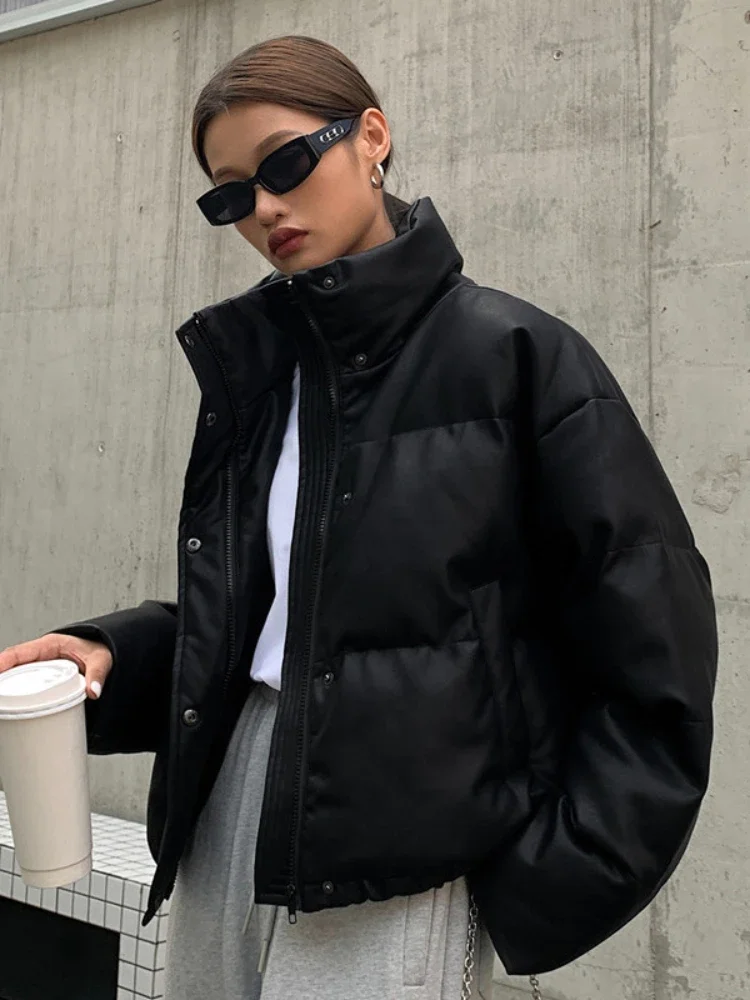 Short Style Parkas for Women Ins PU Winter New Thick Streetwear Casual Simple Chic European Warm Females Vintage Stand Up Collar