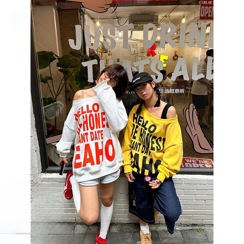 

American retro slanted shoulder sweater women's early autumn new letter print girl loose long-sleeved top men