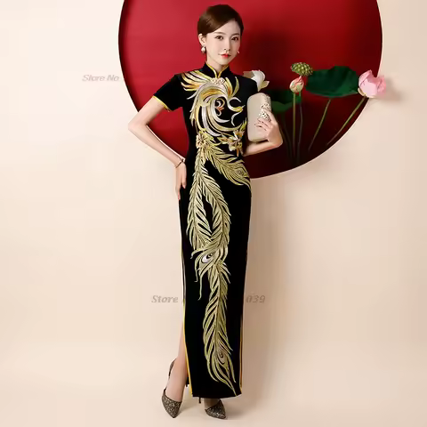 2026 chinese vintage dress improved qipao national phoenix embroidery velvet qipao dress oriental banquet evening dress vestido