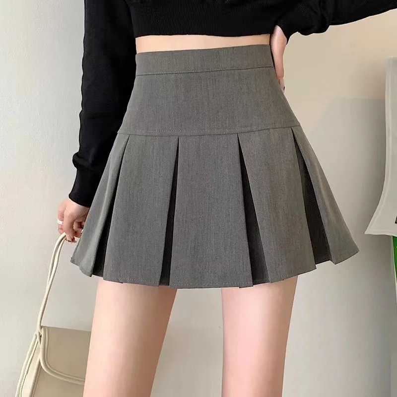 Gray High Waist Pleated Skirts Women Summer Fashion Solid Preppy Zipper A Line Skirts Ladies Streetwear All-Match Mini Skirts