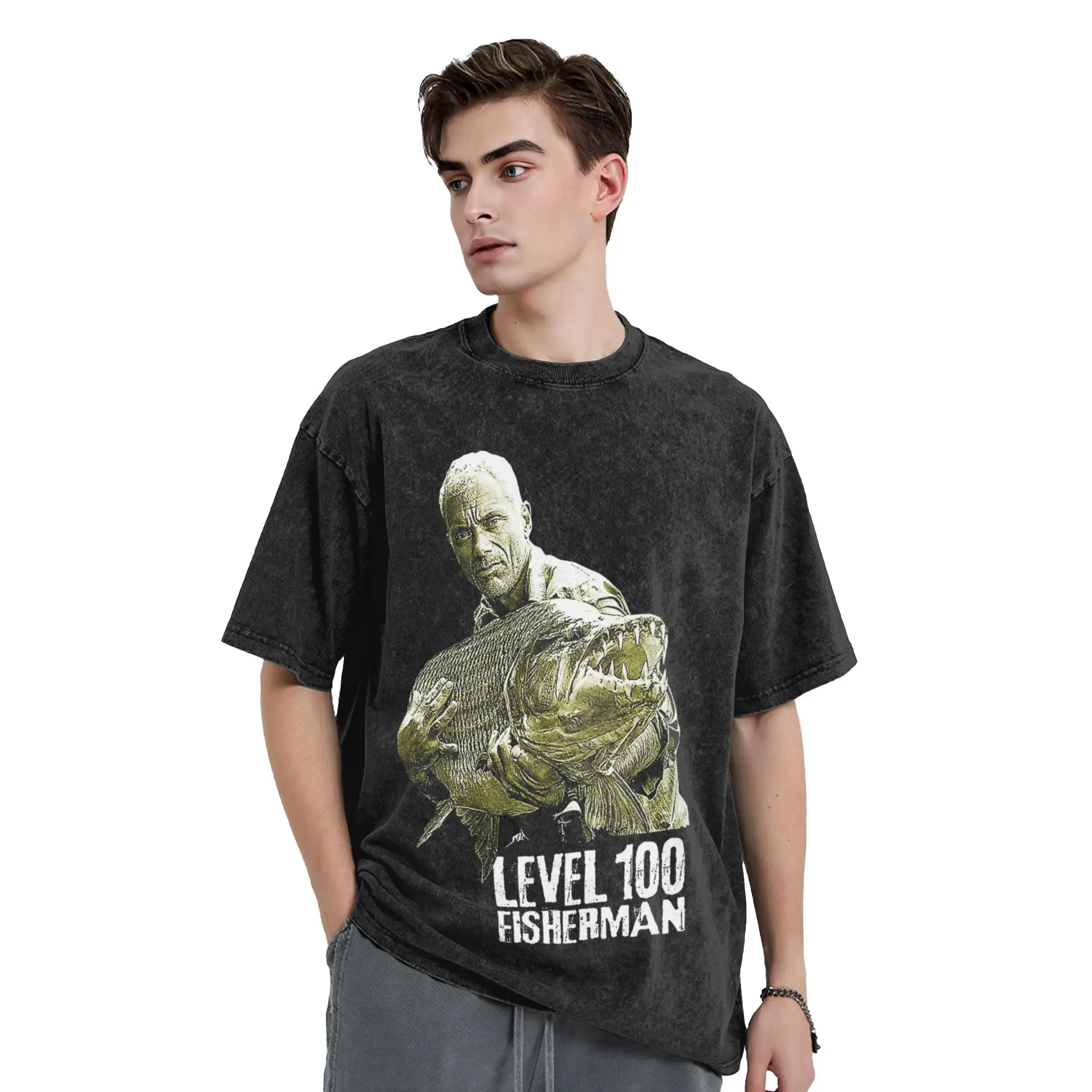Washed T Shirt Jeremy Wade Level 100 Fisherman Hip Hop Vintage T-Shirt Street  Streetwear Printed Tops Tees Men Women