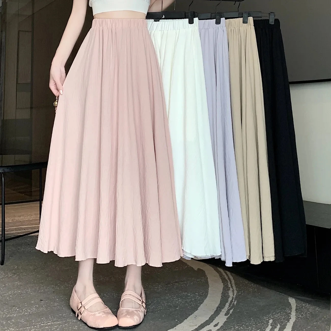 

High-End Linen Cotton f Skirt in Beige A-Line Loose Fitting Summer New Sle Korean Sle mid Waist A-Line Long Skirt