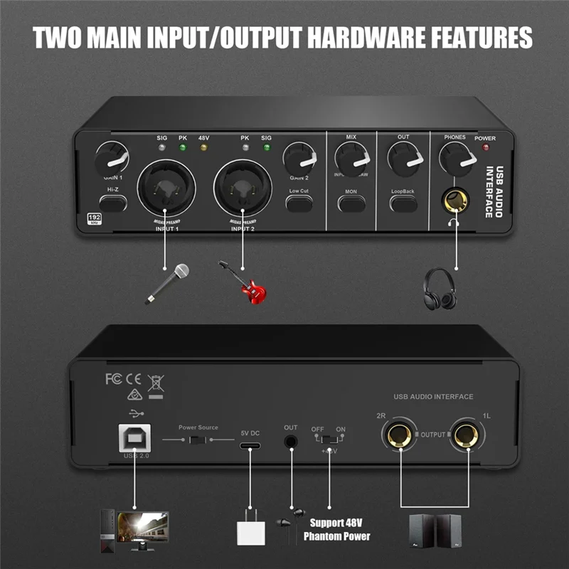 VVNB-USB 오디오 인터페이스, 기타리스트, 보컬리스트, 팟캐스터용 녹음용 48V 팬텀 전원이 포함된 2 In 2 Out 오디오 인터페이스