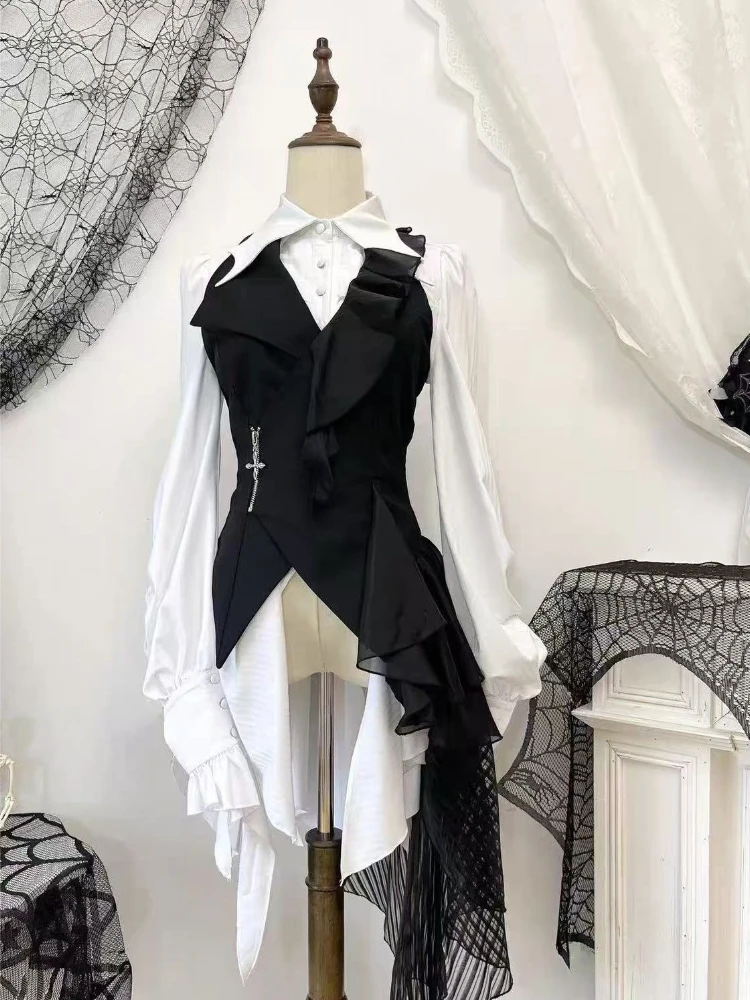 Blusa Japonesa Vintage Estilo Lolita, Gótica, de Manga Larga, Retro Y2K, con Lazo en la Cintura, Elegante, para Mujer, Combinable con Diversos Atuendos