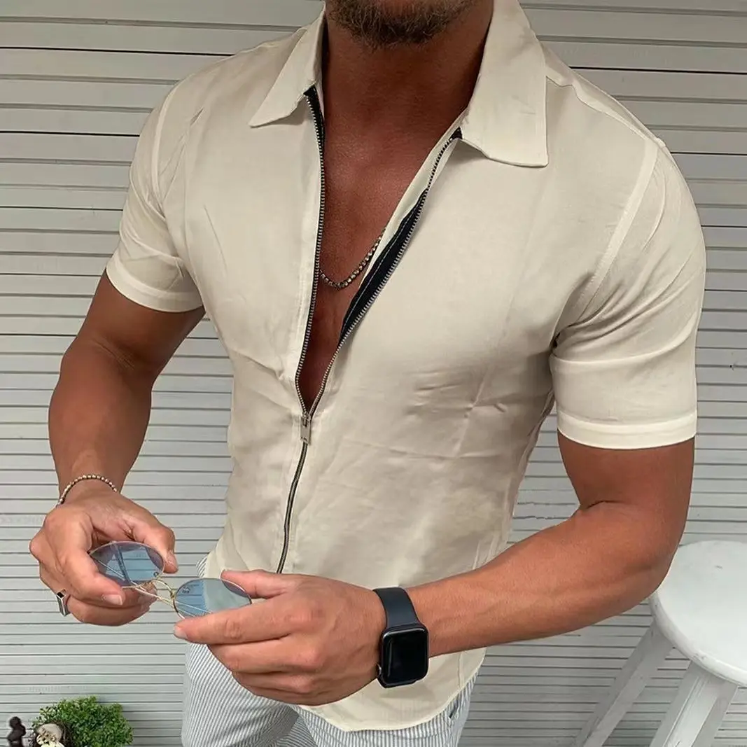 Men's Shirts 2022 Summer Men's Tide Brand New Fashion Simple Solid Color Casual Short Sleeve Zipper Shirt Cardigan 2022 Gift