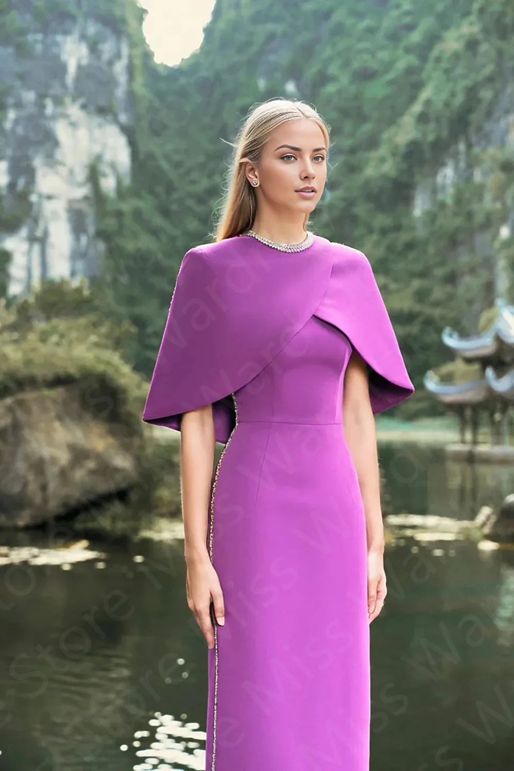 Classic Purple Arabic Evening Dresses Muslim Gowns with Cape Prom Party Gowns Luxury Beading Wedding Guest Dress 2024 Round Neck