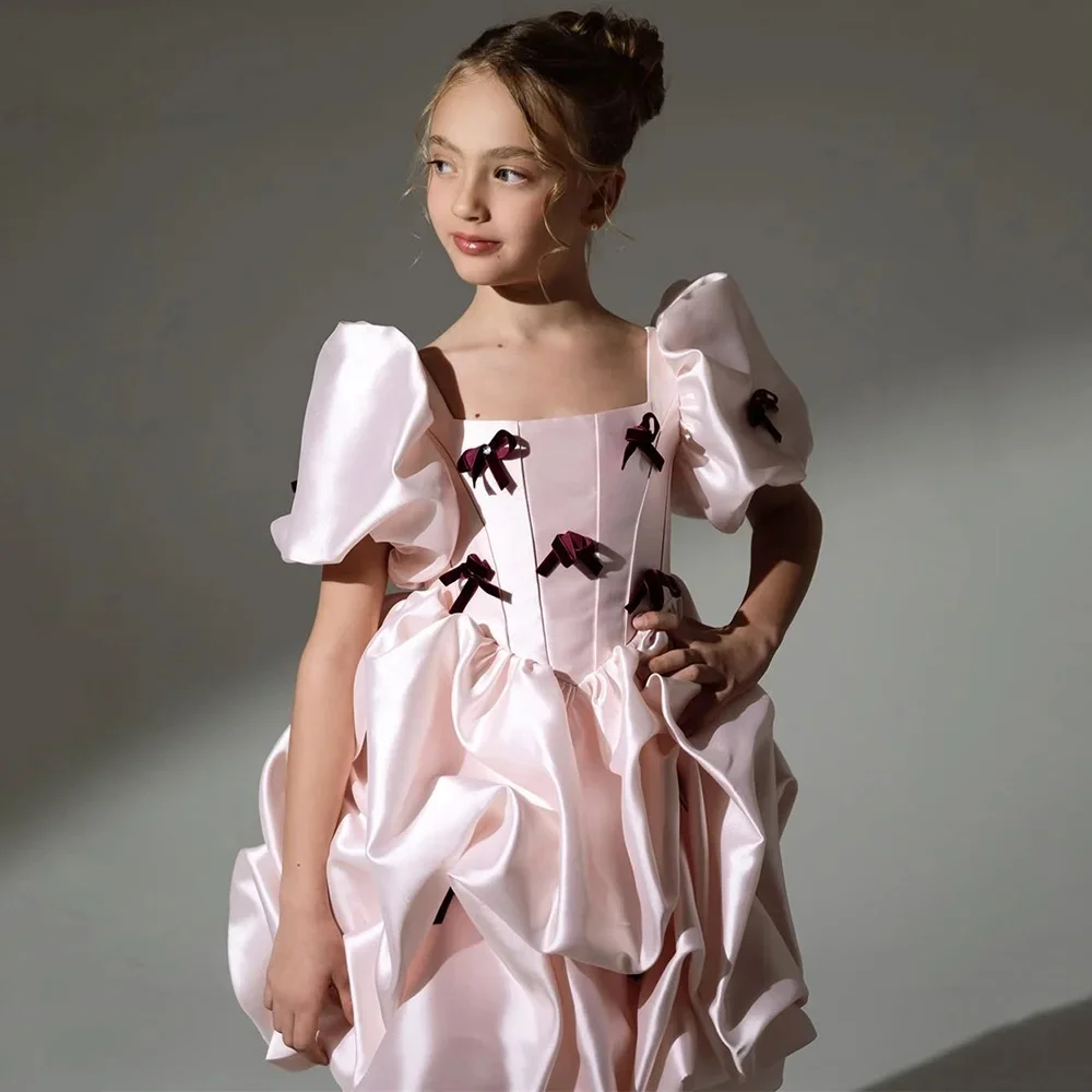 Custom light luxury dress women wedding guest gown girls wedding gown birthday party pageant square neck puff sleeve bow gown