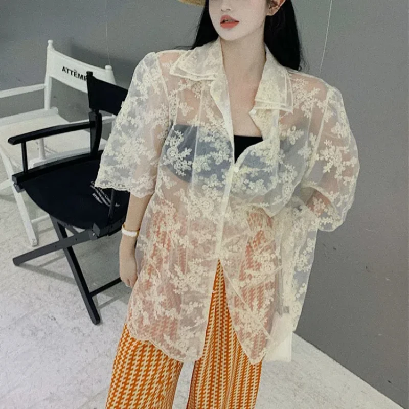 

2024 Summer Korean Women's New Spliced Turn-down Collar Lace Fashion Solid Button Casual Versatile Short Sleeve Blouses Shirts