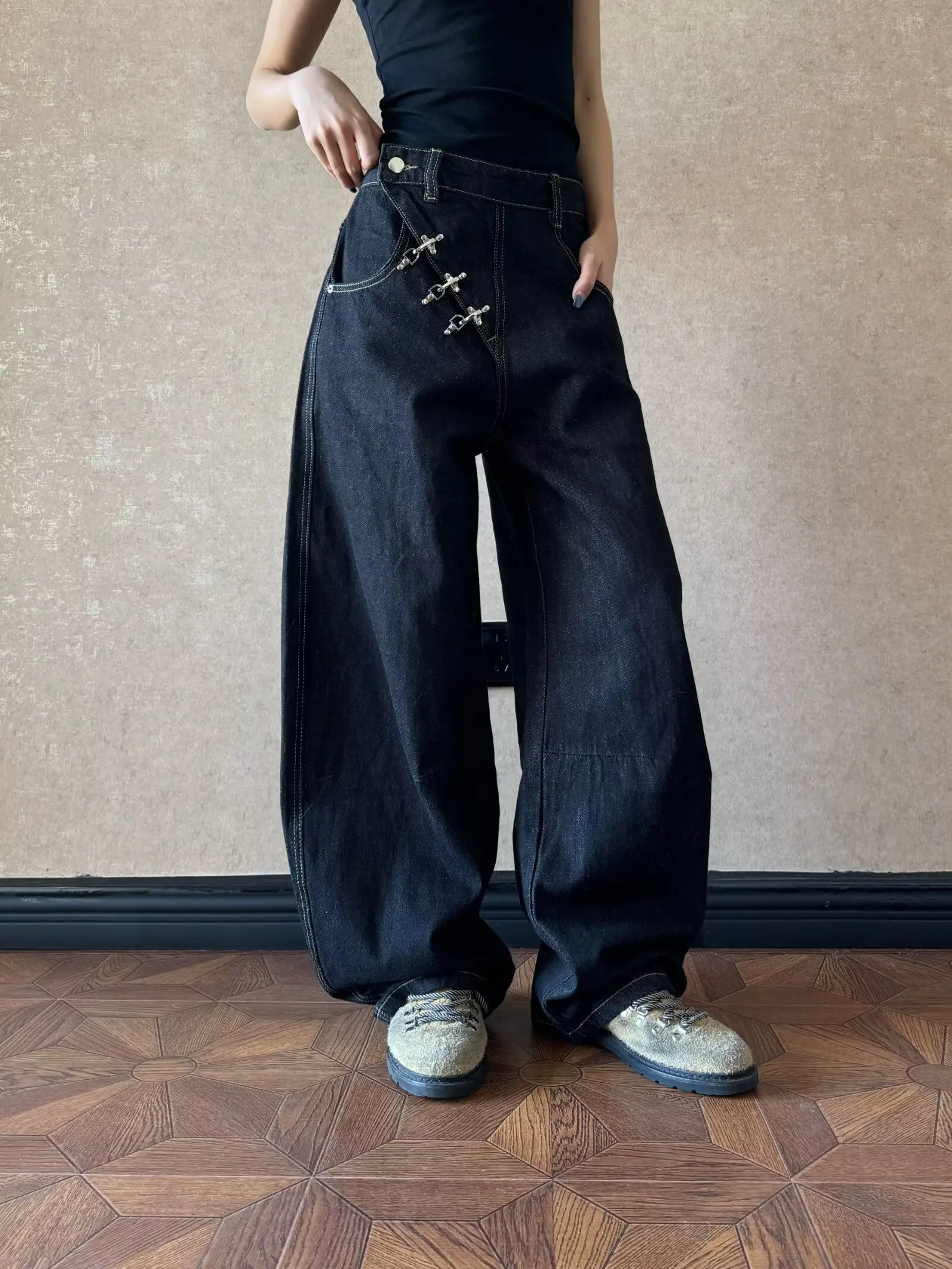 High Streets Autumn Men Women Jeans New American Baggy Wide Leg Curved Knife Denim Pants Loose Solid Color Male Trendy Trousers