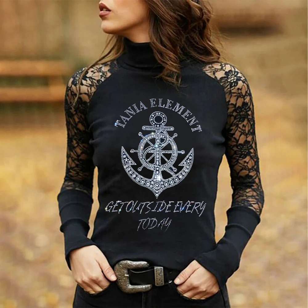 New Fashion Ship Anchor Hot Drill Print Ladies T-Shirt Solid Lace Sexy Women TShirt Y2k Gothic Tee Long Sleeve Club Clothes Tops