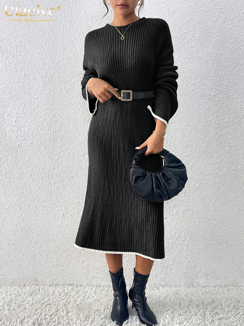 

Clacive Winter Loose Black Women's Sweater Dress 2025 Casual O-Neck Long Sleeve Midi Dresses Elegant Classic Solid Female Dress